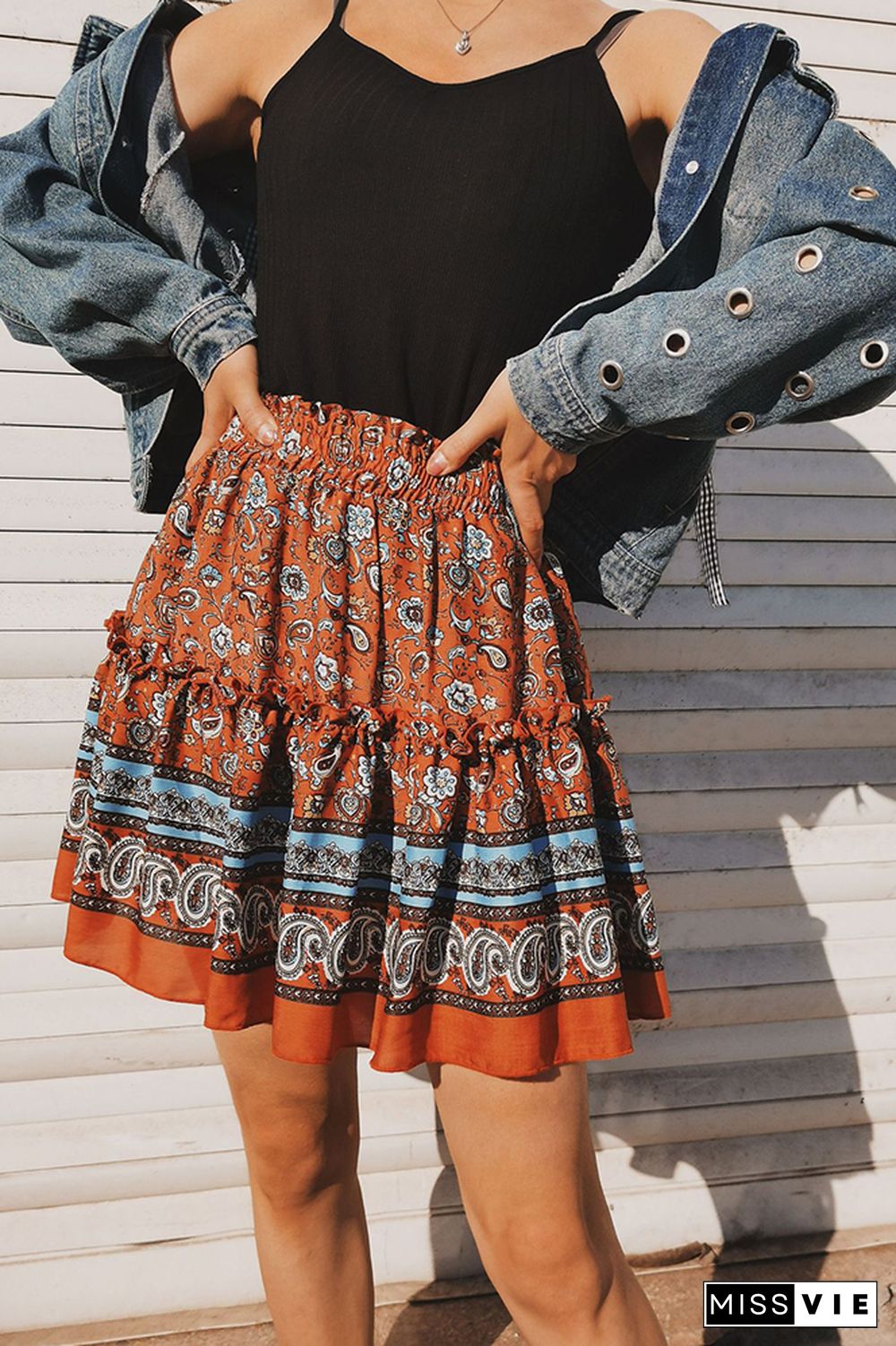 Printed Bohemian National Lotus Leaf Skirt