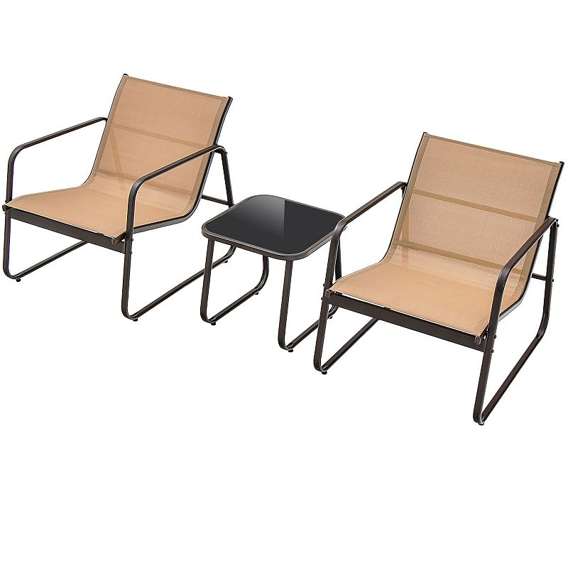 3 Pieces Patio Conversation Set with Breathable Fabric and Tabletop-Brown