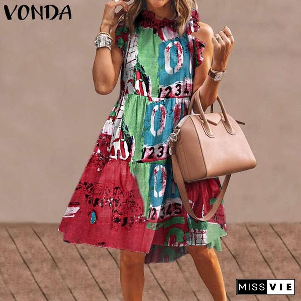 Summer Short Dress Women Sexy Sleeveless Ruffled Dress Beach Holiday Sundress VONDA Bohemian Vestidos Plus Size Robe Femme