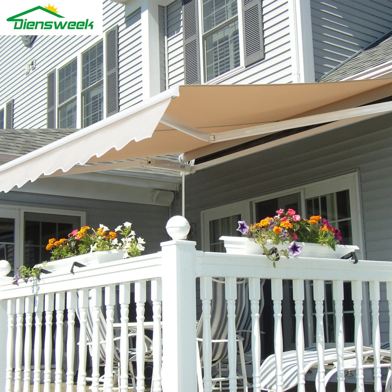 Diensweek Patio Awning Retractable 12’x10′, Fully Assembled Manual Commercial Grade – Quality 100% 280G Ployester Window Door