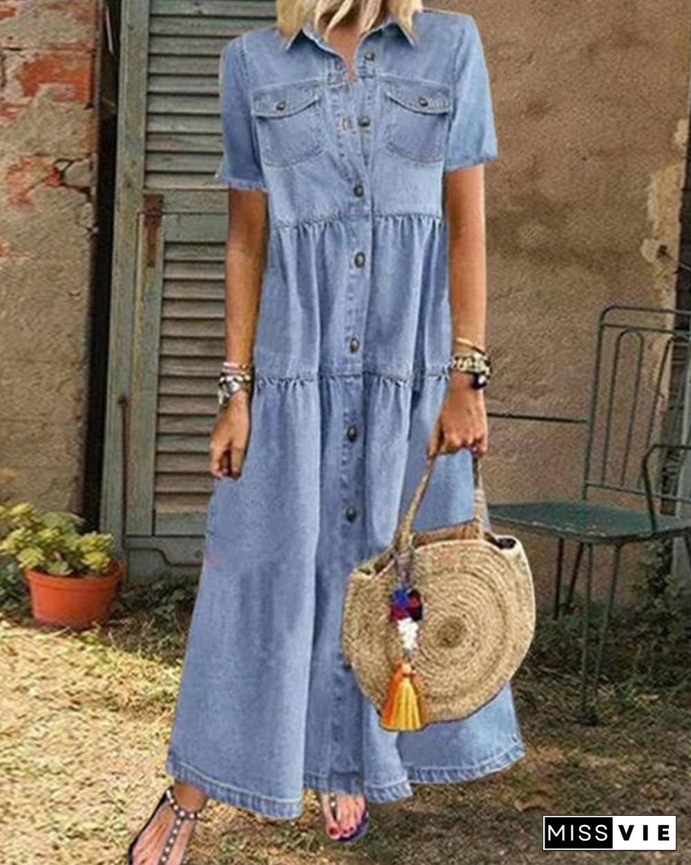 Blue Plain Denim Short Sleeve Shirt Collar Dresses