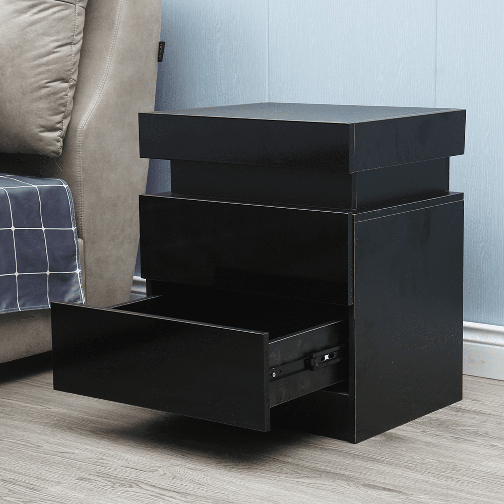 Oukaning Modern High Gloss Nightstand with 2 Drawers Modern LED RGB Bedside Table Storage(Black)