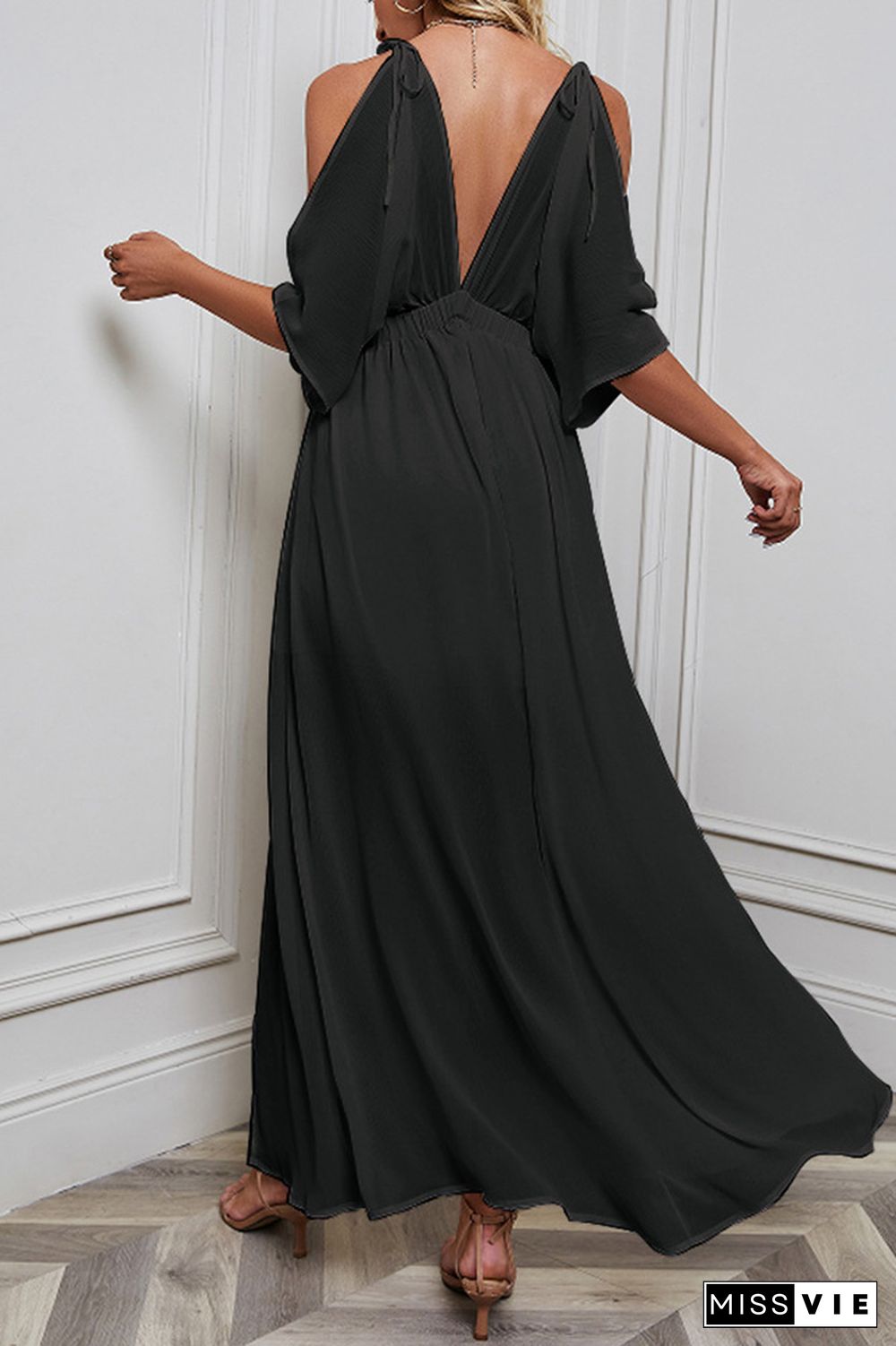 Cold Shoulder Deep V Neck Split Maxi Dress