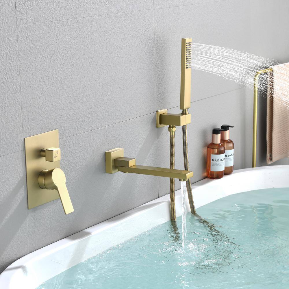 Miscool Forest Single-Handle Wall Mount Roman Tub Faucet with Swivel Tub Spout and Hand Shower in Brushed Gold SHSMDH10C030BGL