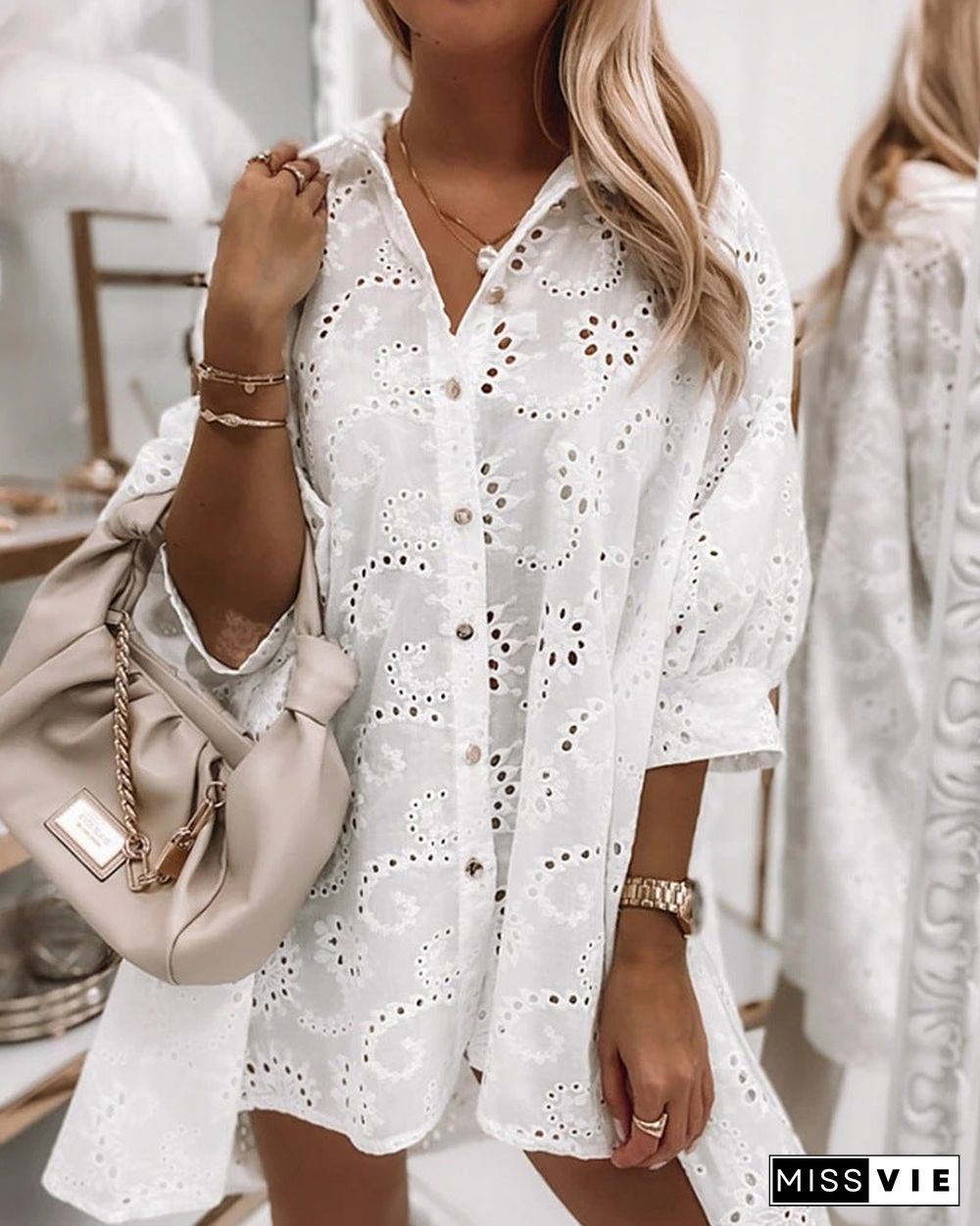 Solid Color Hollow Single-breasted Long Shirt Dress White Dresses