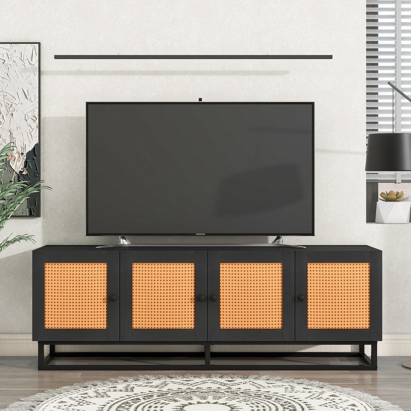 Wooden TV Stand for TVs up to 65inches with 4 Textured Rattan Doors and 2 Adjustable Panels