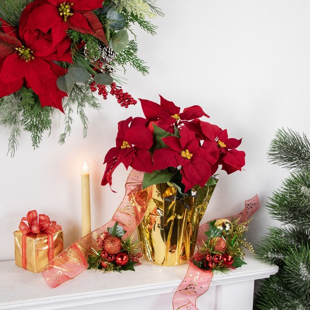 Red Artificial Christmas Poinsettia Arrangement With Gold Wrapped Pot