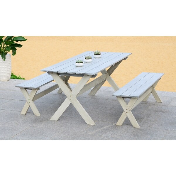 SAFAVIEH Outdoor Living Marina Grey/White Bench and Table Set (3piece)