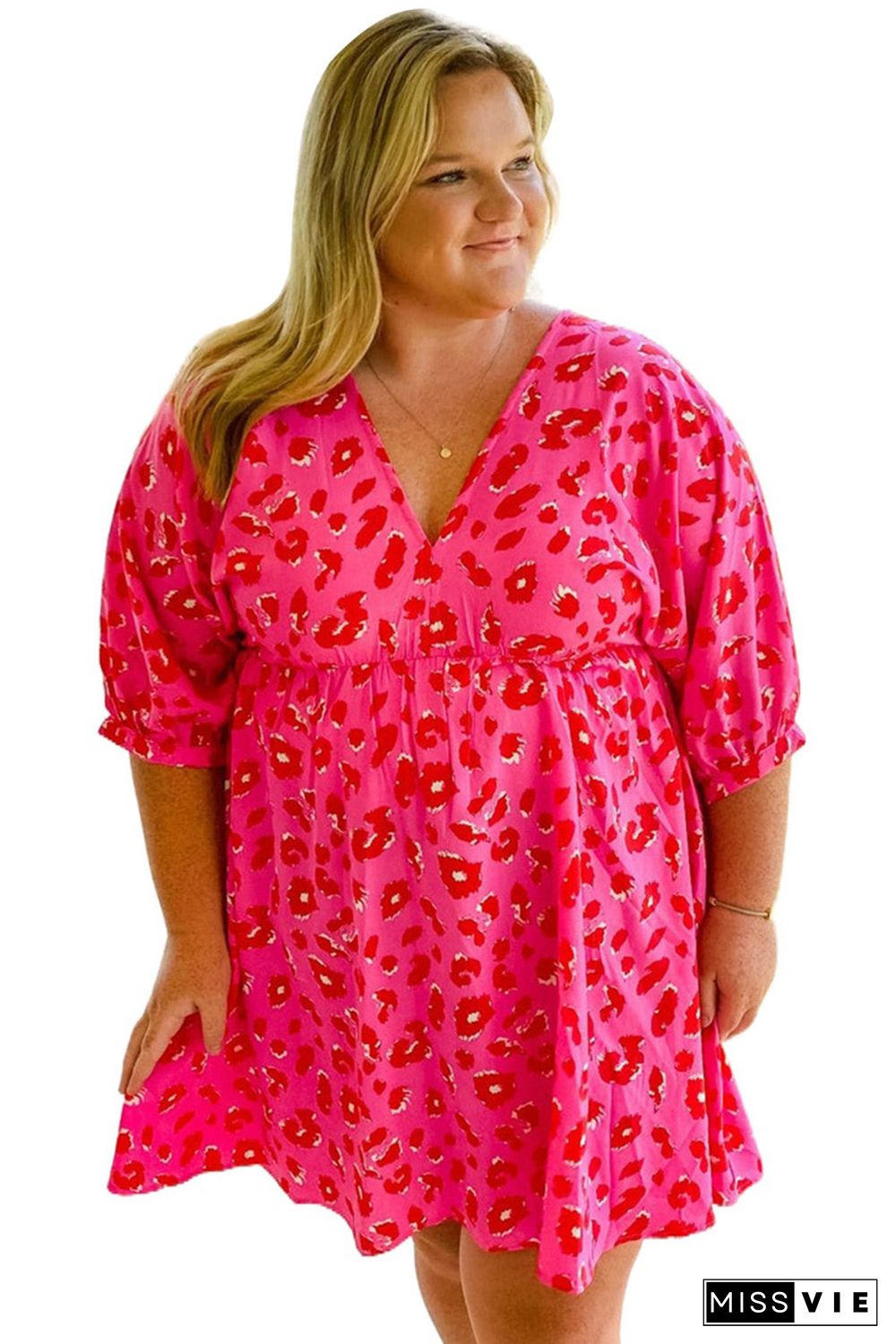 Rose Plus Size 3/4 Sleeves V Neck Leopard Dress