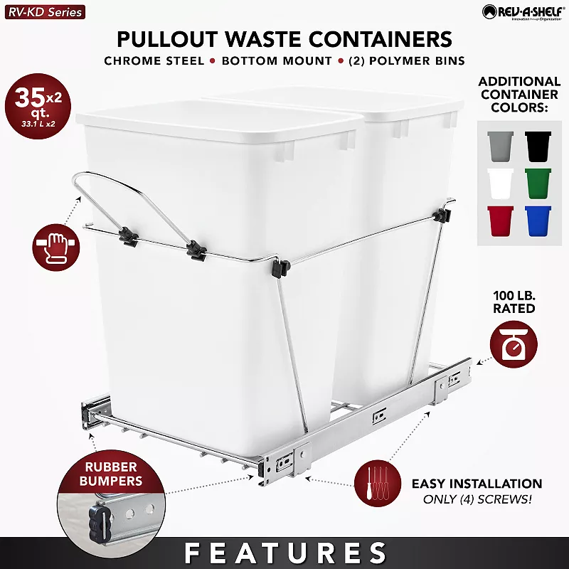 Rev-a-shelf Double Pull Out Trash Can 35 Qt For Kitchen， Green， Rv-18kd-1918c-s