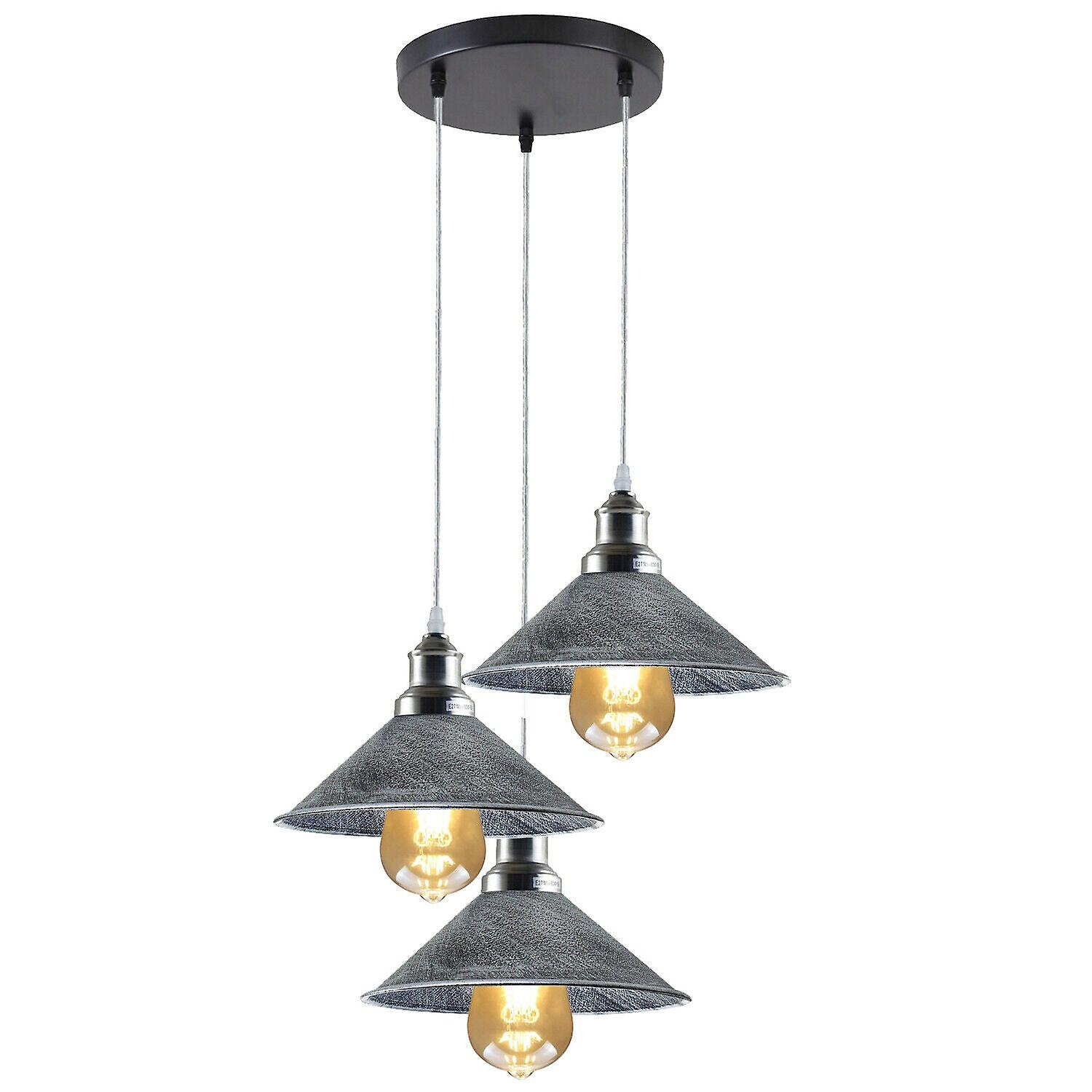 Brushed silver industrial 3-light hanging pendant light light fixture cone shade~1523