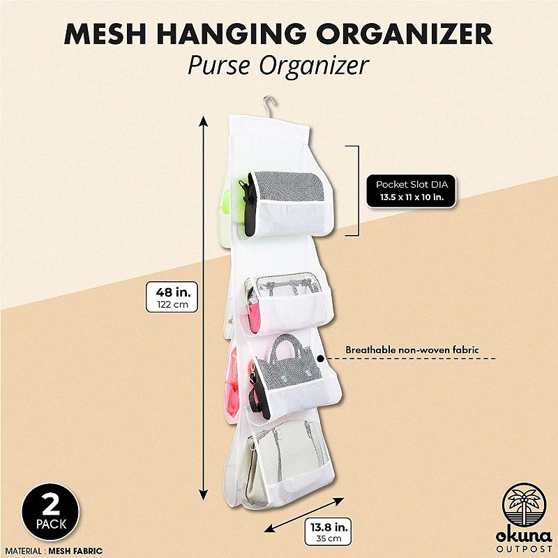 Okuna Outpost Hanging Purse Organizer for Closet Storage， White Mesh (48 x 13.8 in， 2 Pack)