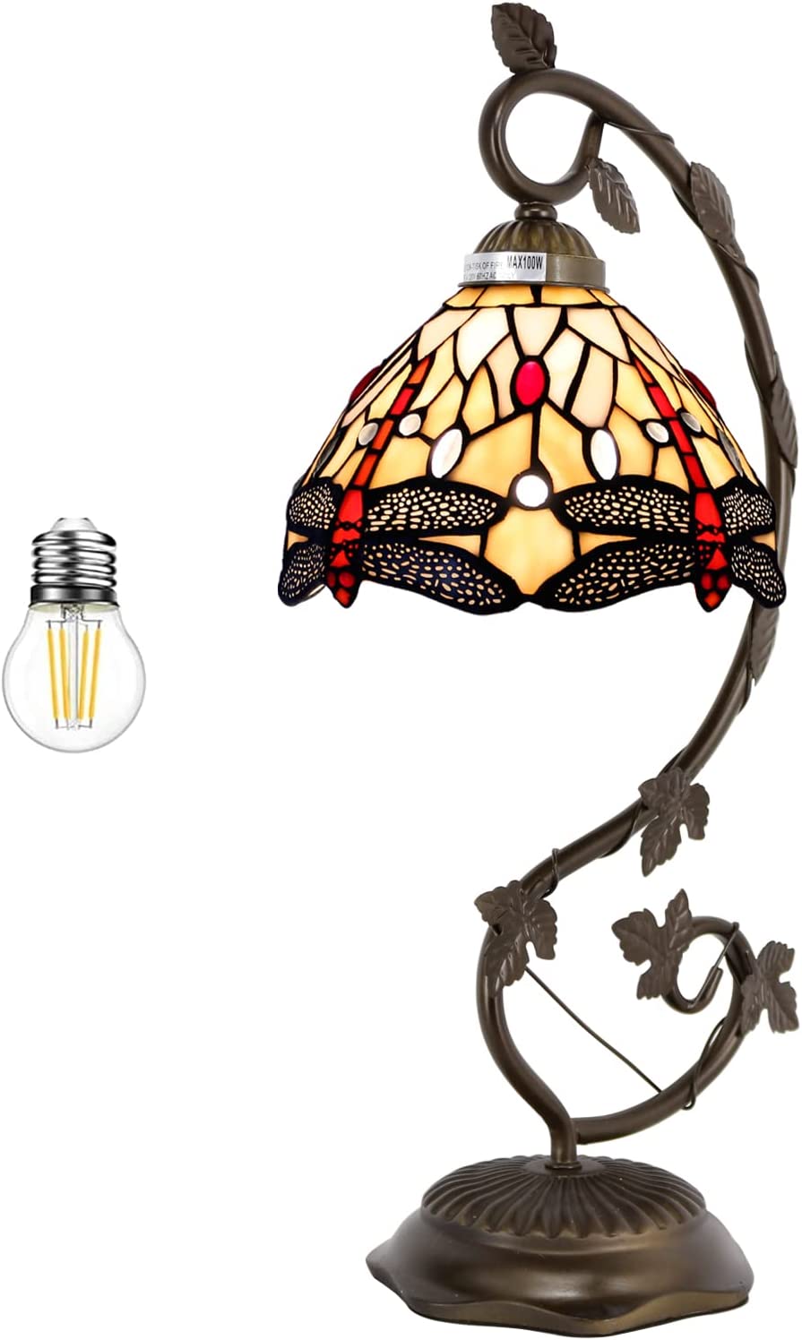 SHADY Tiffany Style Lamp Amber Stained Glass Dragonfly Table Lamp  Metal Leaf Base 8X10X21 Inches Desk Light Decor Small Space Bedroom Home Office S557 Series