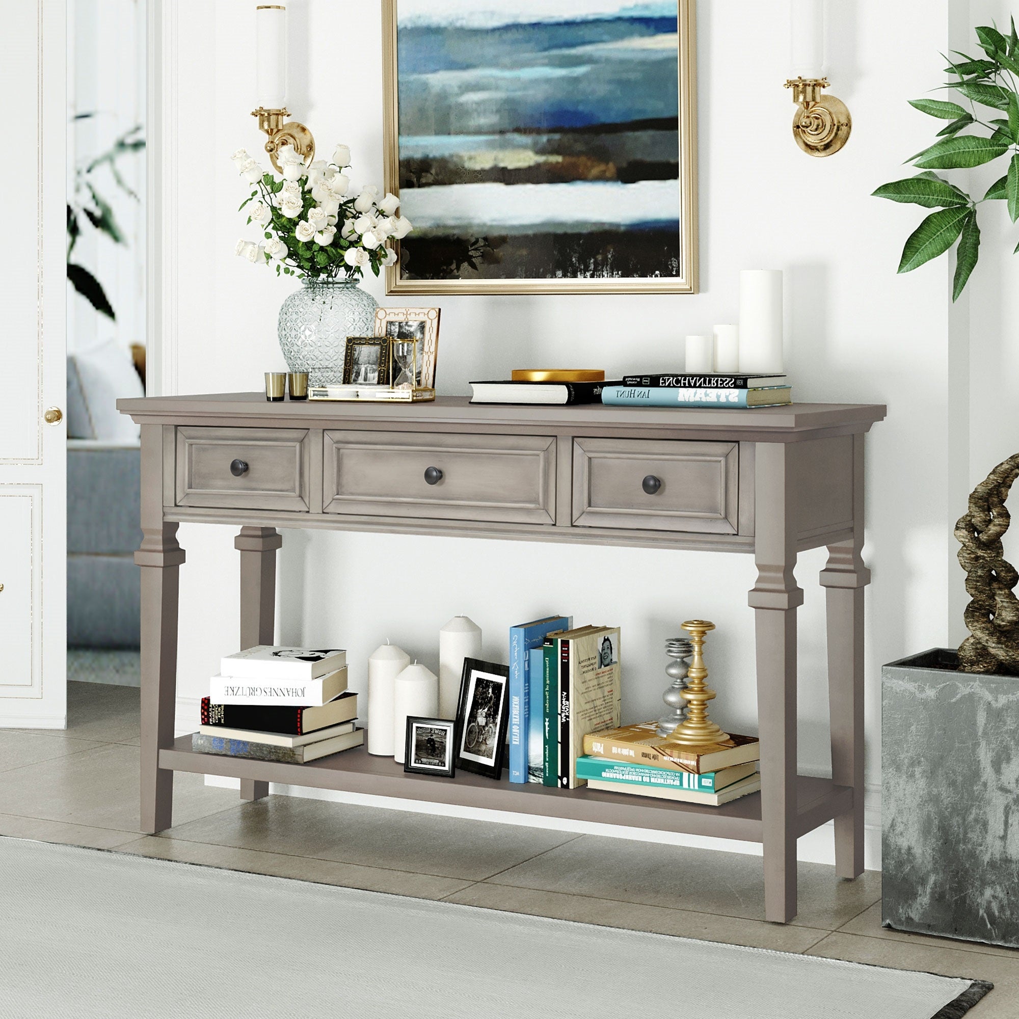 Gray Wash 3-Drawer Entryway Console Table with Bottom Shelf