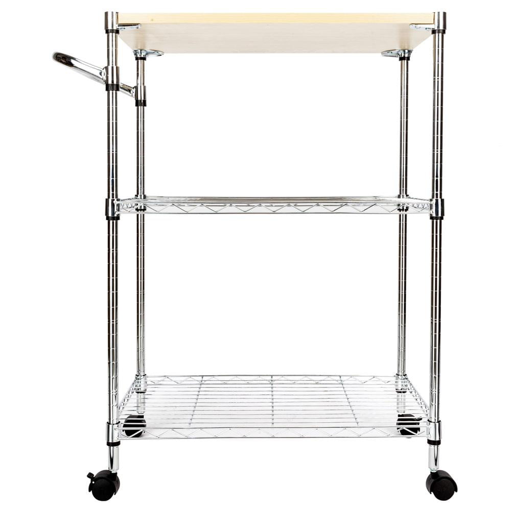 Zimtown 3-Tier Rolling Kitchen Trolley Cart，  Microwave Utility Storage Serving Cart with Wooden Table and Handle， 66 lbs Per Shlef