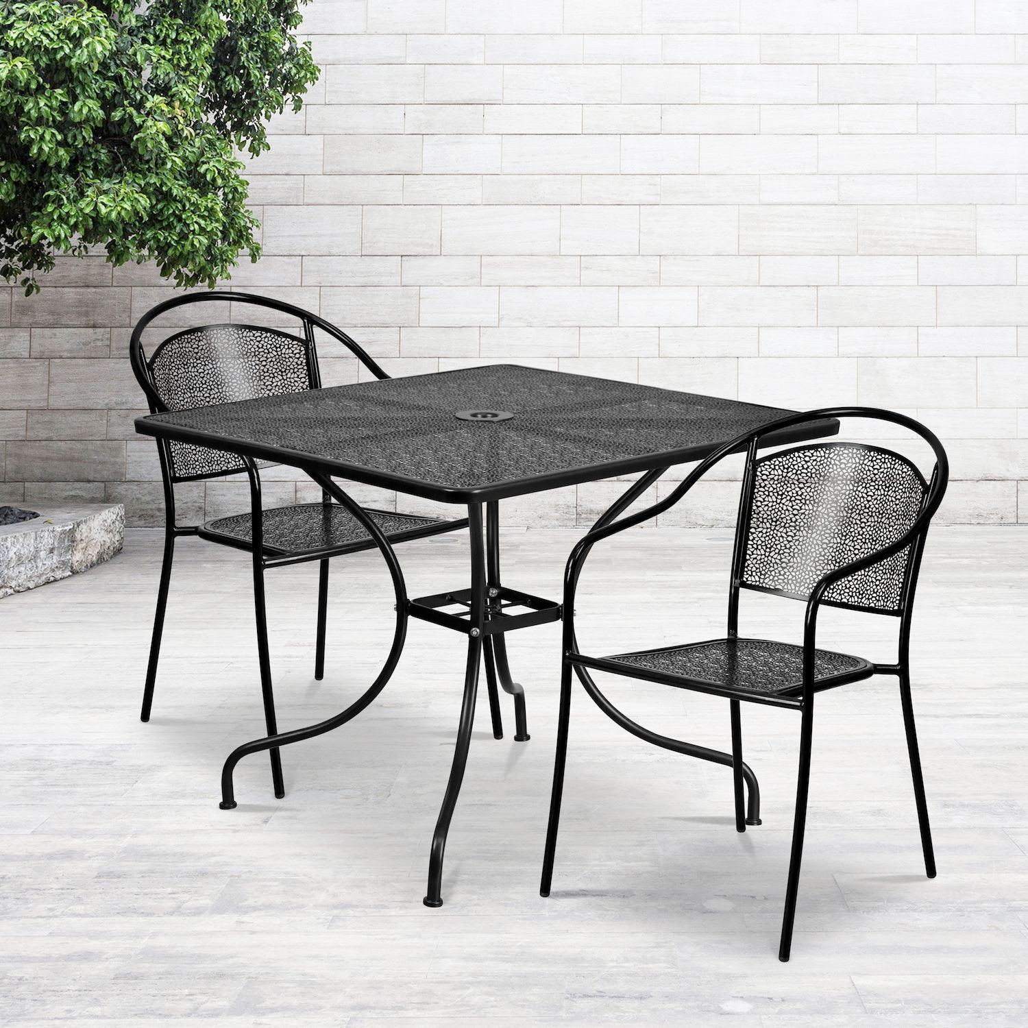 Emma and Oliver Commercial Grade 35.5 Square White Patio Table Set-2 Round Back Chairs