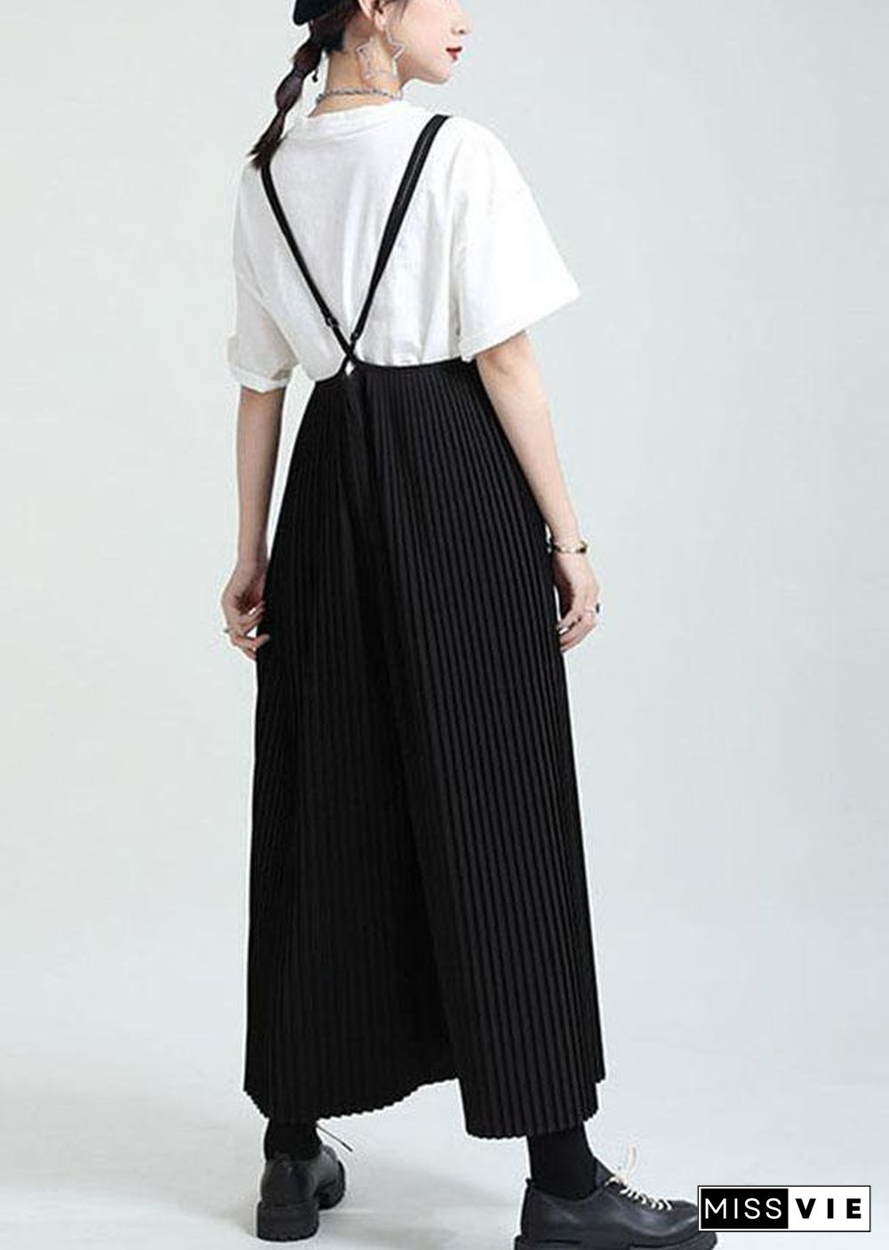 Casual Black High Waist Wrinkled Wide Leg Summer Jumpsuit