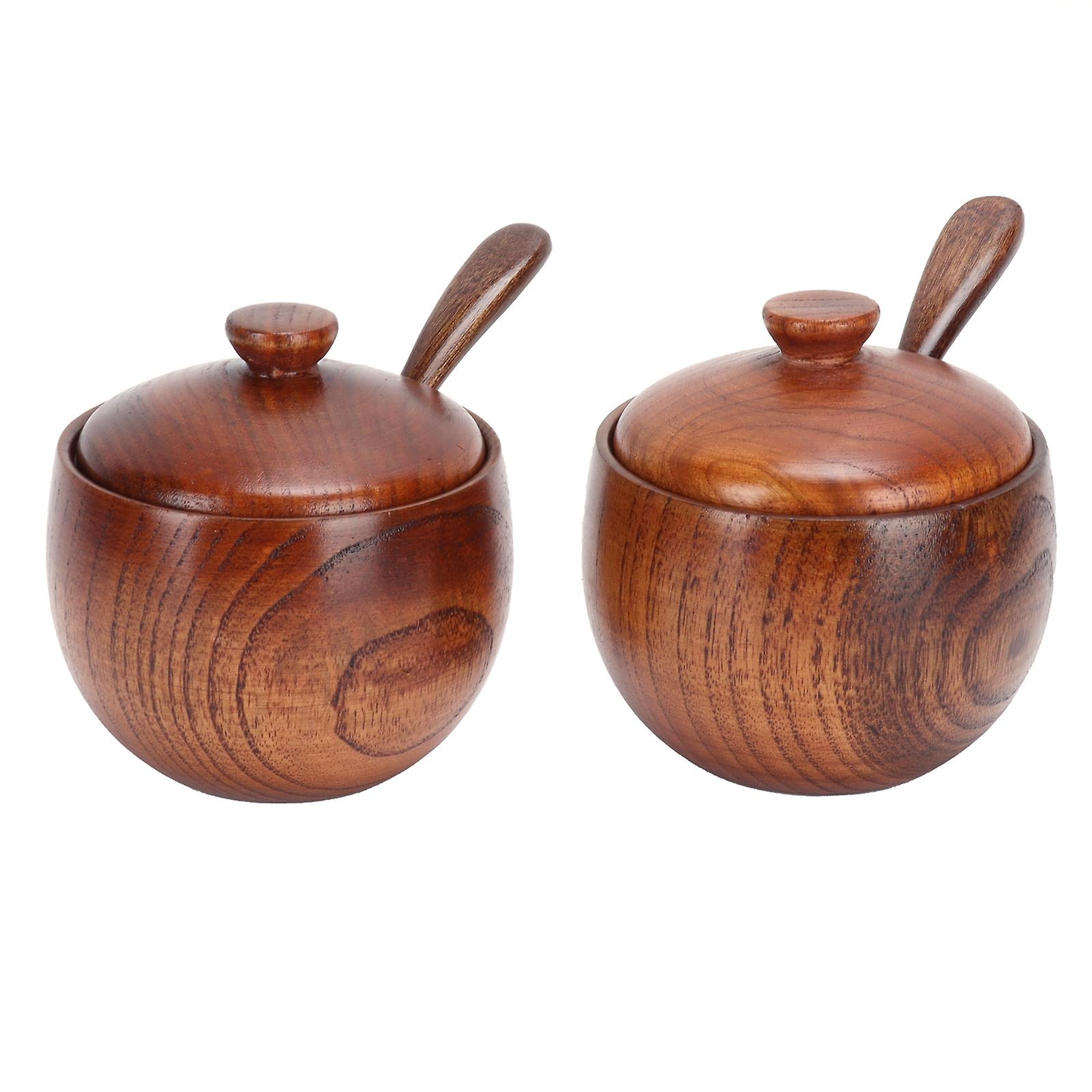 2 Set Condiment Jar With Lids And Spoons， Wooden Salt Sugar Storage Container Spice Pots Kitchen Cooking Supplies For Home Coffee Bar Restaurant_x000d