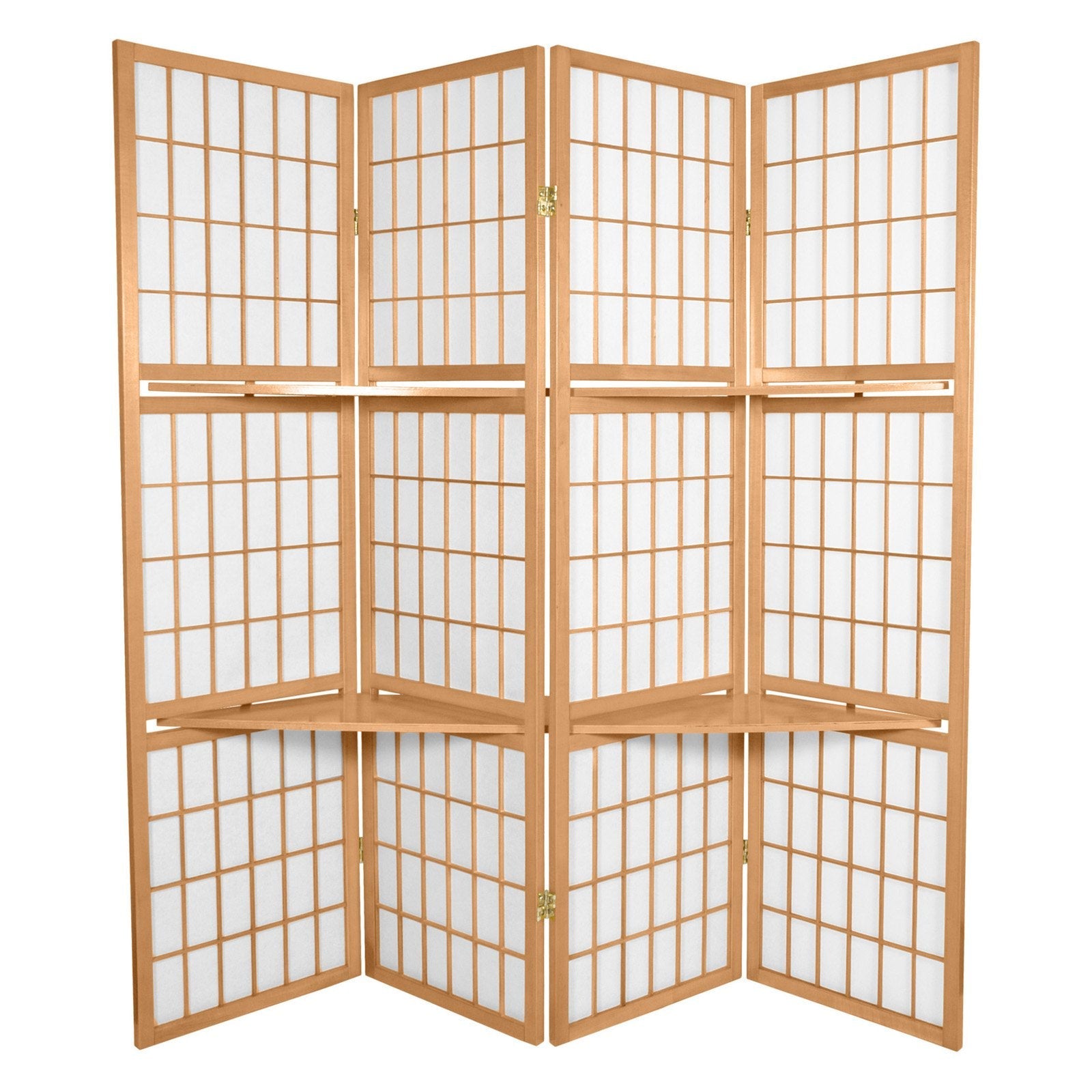 Oriental Furniture 5 1/2 ft. Tall Window Pane w/ Shelf Screen - Natural - 4 Panel