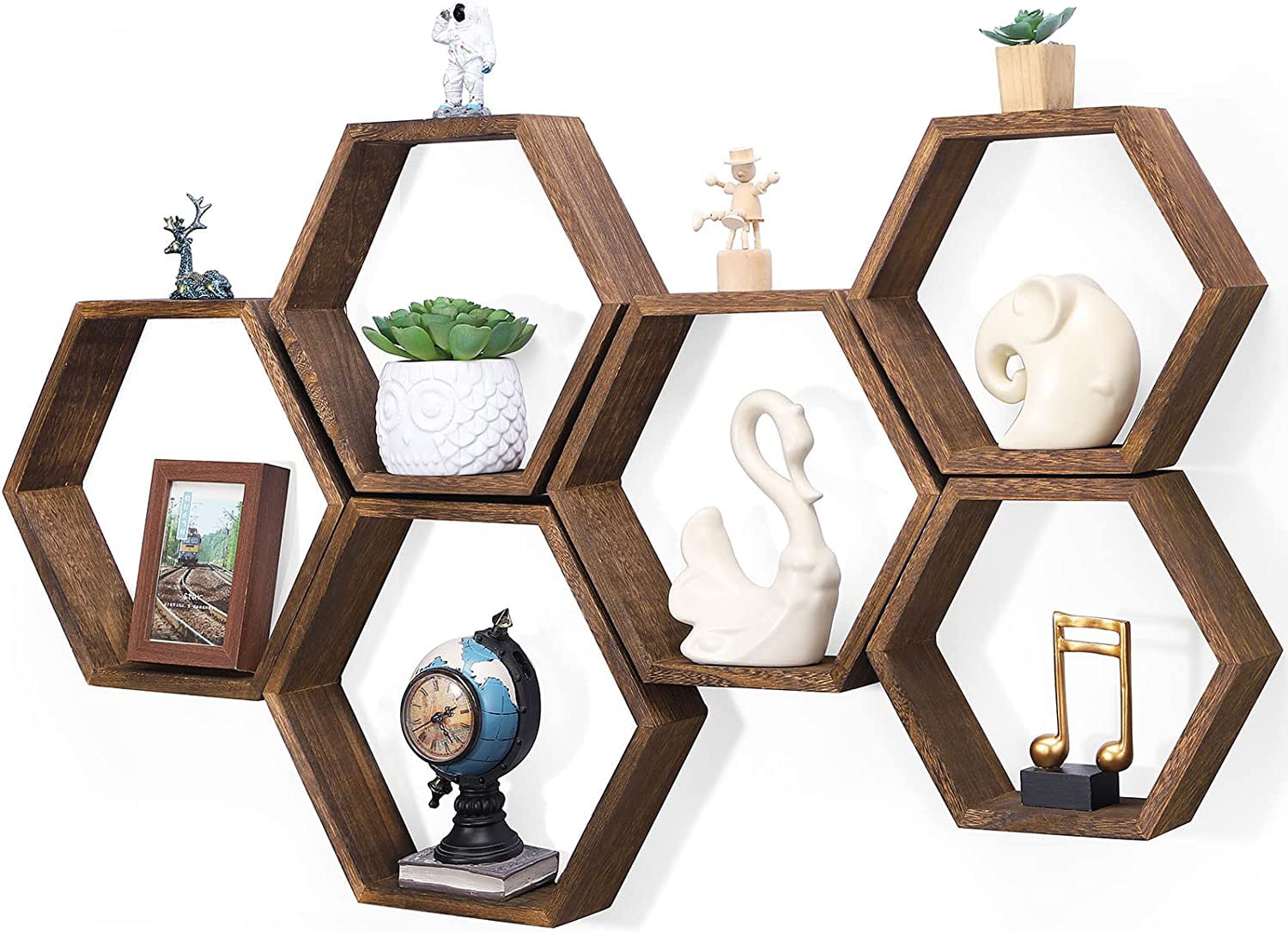 Hexagon Floating Shelves Set of 6 Honeycomb Shelves for Wall, Brown