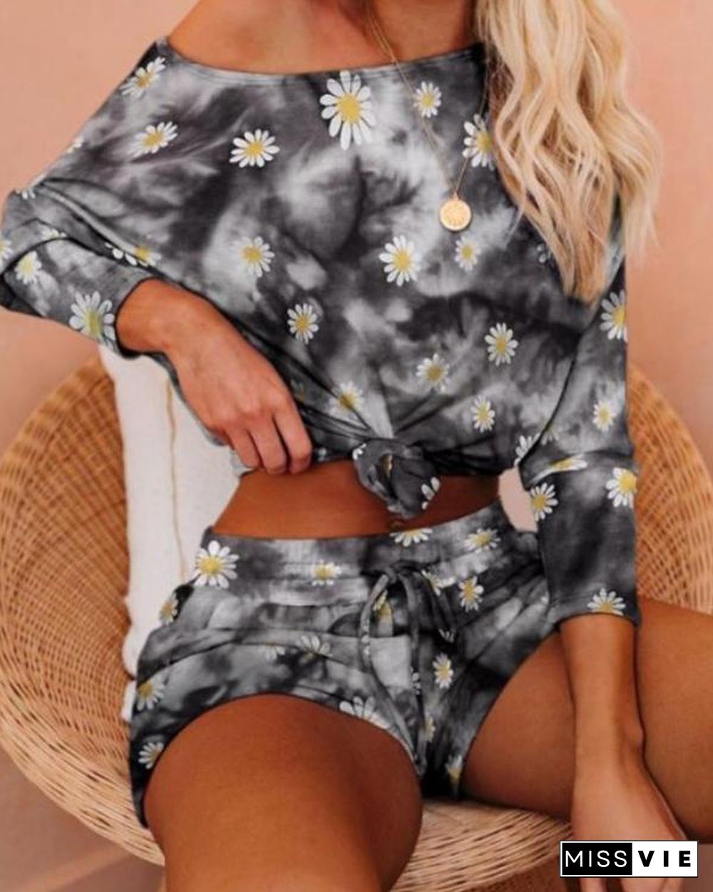 Flame Print Long Sleeve Top & Shorts Set