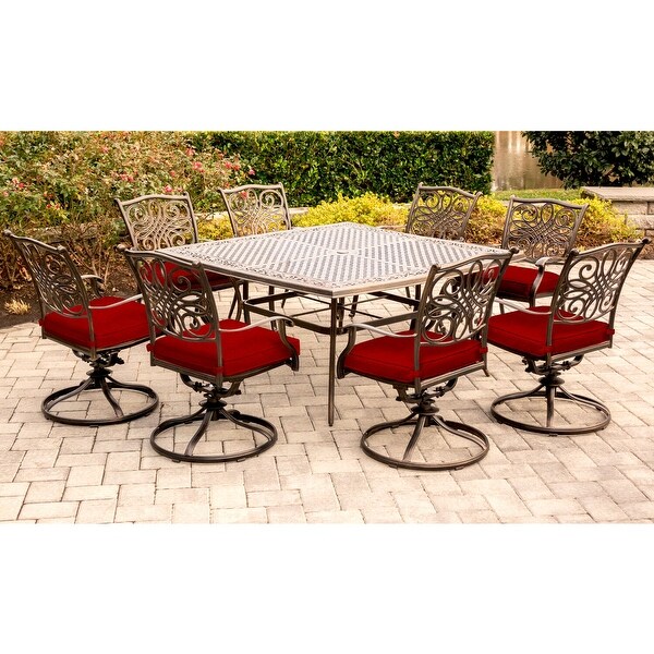 Cambridge Seasons 9Piece Dining Set in Red with Eight Swivel Rockers and a Large 60In. Casttop Square Table