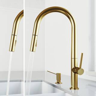 VIGO Greenwich Single Handle Pull-Down Sprayer Kitchen Faucet Set with Soap Dispenser in Matte Brushed Gold VG02029MGK5