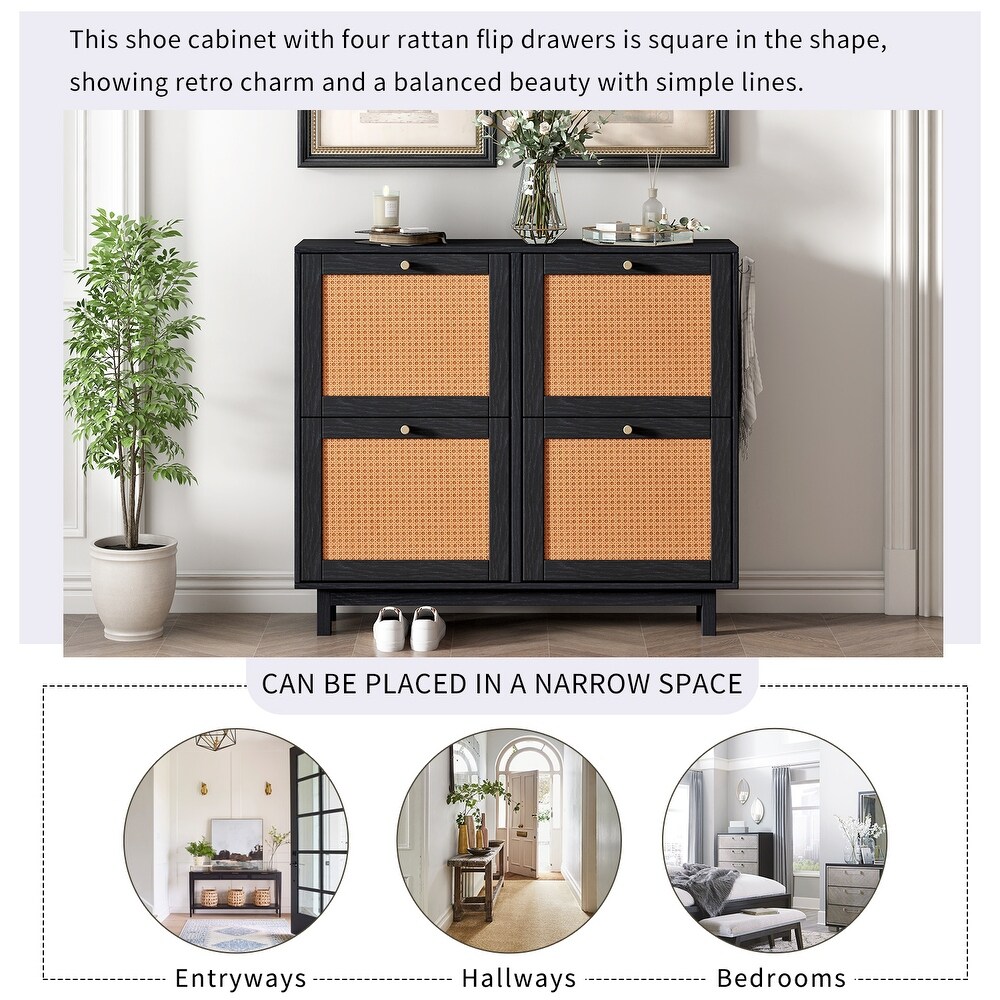 Rattan Shoe Cabinet with 4 Flip Drawers  Slim Shoe Storage Cabinet for Entryway  Narrow 2 Tier Shoe Rack Shoe Storage Organizer