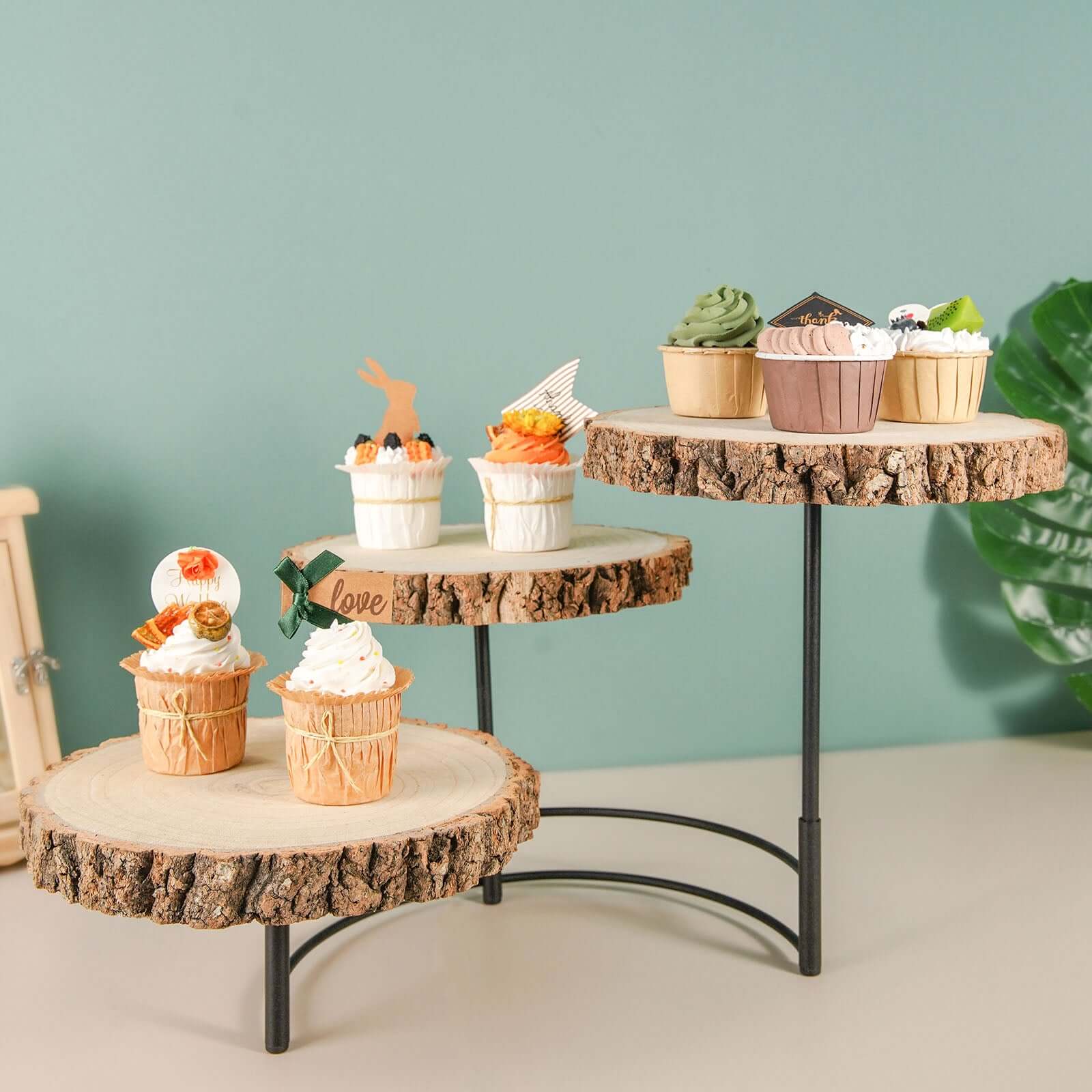 3-Tier Wood Slice Cheese Board, Cupcake Stand, Half Moon Rustic Centerpiece 12