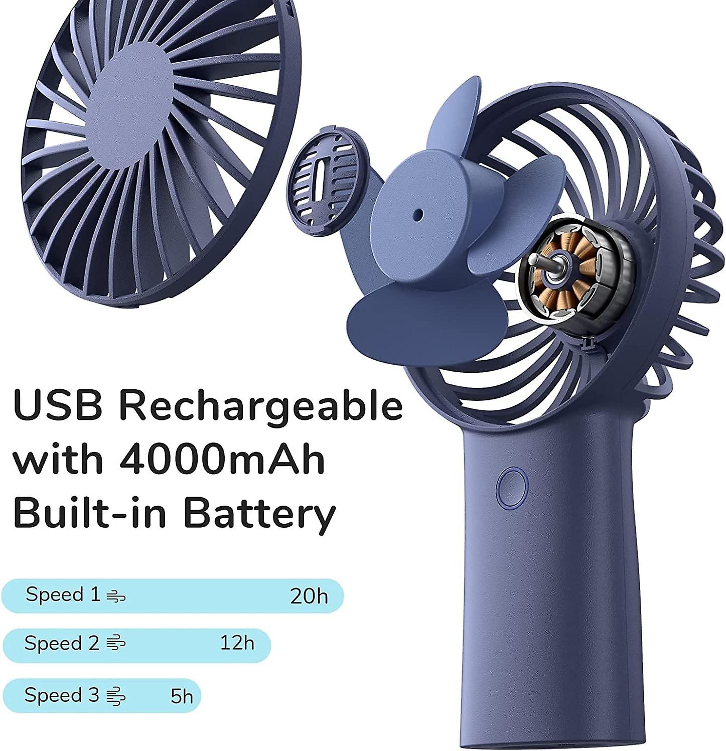 4000mah Hand Fan， Portable Mini Fan， Usb Rechargeable Small Fan [5-20h Working Time] Battery Operated Personal Fan With 3 Speeds For Outdoor/office