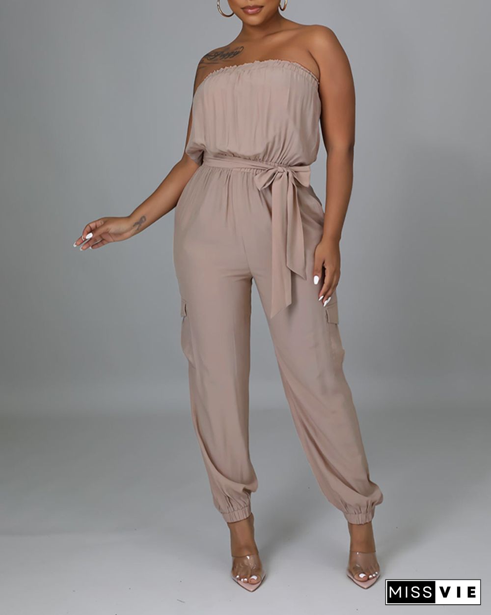 Pocket Design Belted Bandeau Jumpsuit