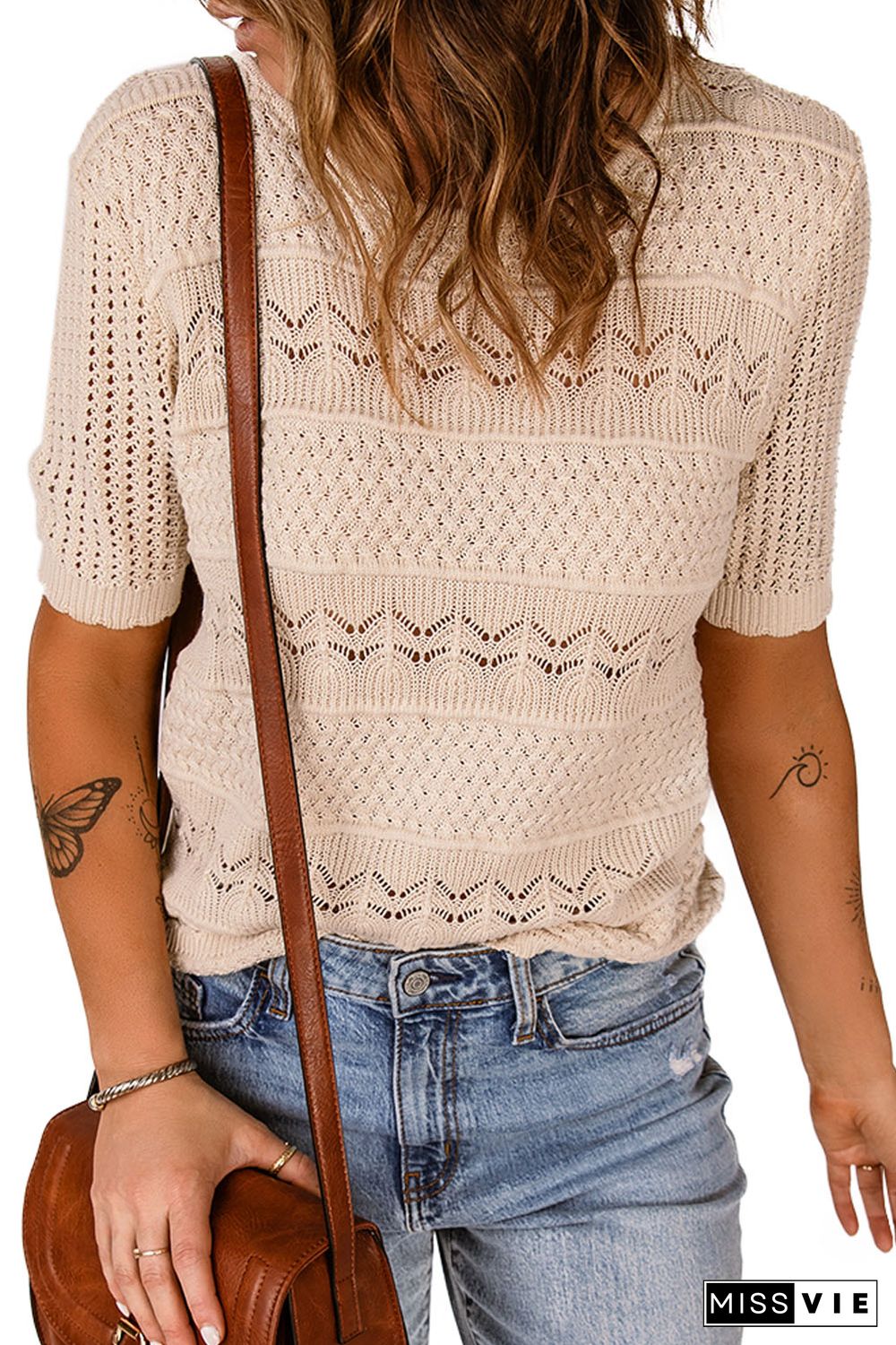 Apricot Crochet Hollow-out Short Sleeve T-shirt