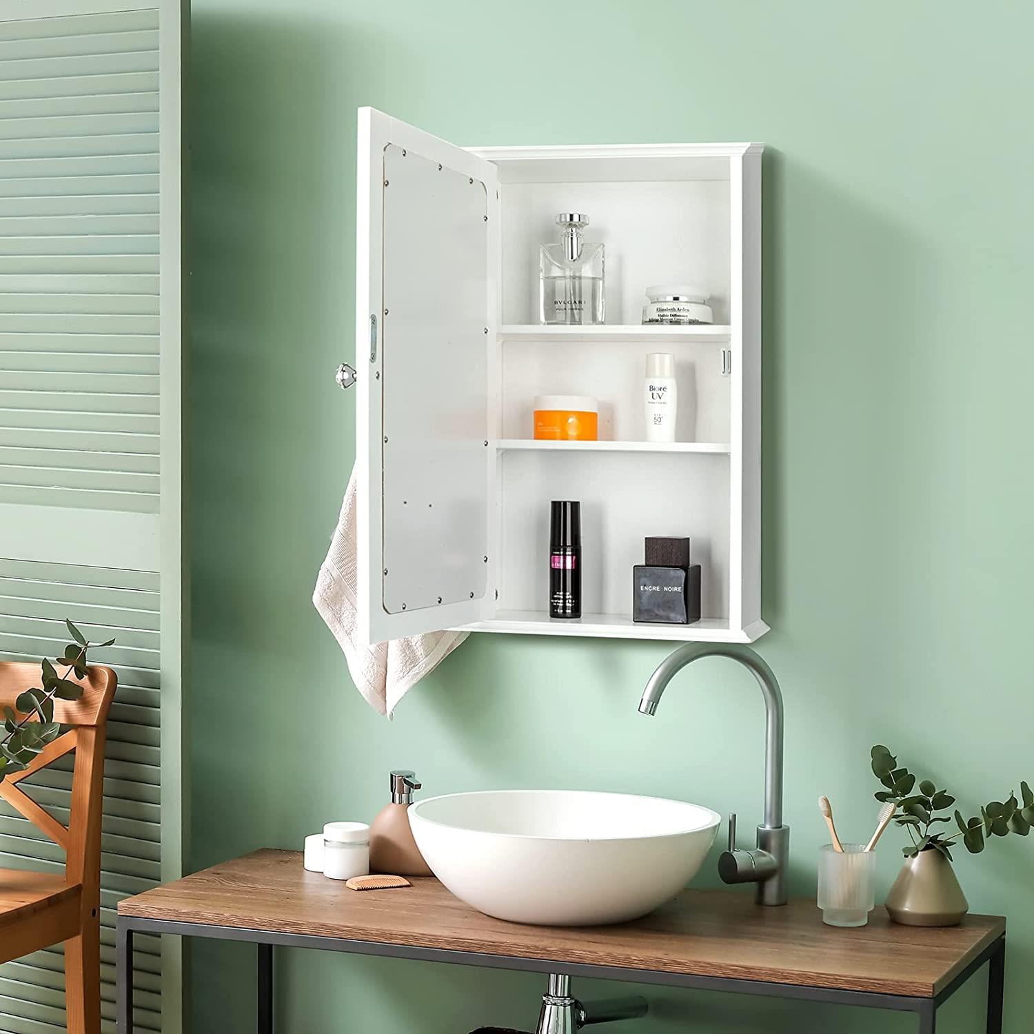 Ktaxon Bathroom Cabinet Wall Mount Mirrored Medicine Cabinet Storage Organizer with Single Door and Adjustable Shelves White