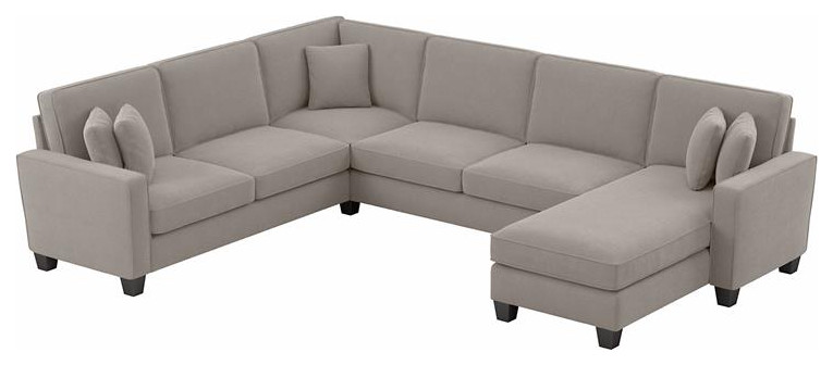 Stockton 127W U Couch with Reversible Chaise in Beige Herringbone Fabric   Transitional   Sectional Sofas   by Homesquare  Houzz