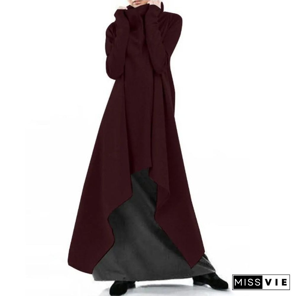 Women's Fashion Solid Color Coat Long Sleeve Robe Loose Poncho Coat High Neck Pullover Irregular Hem Casual Long Hoodies