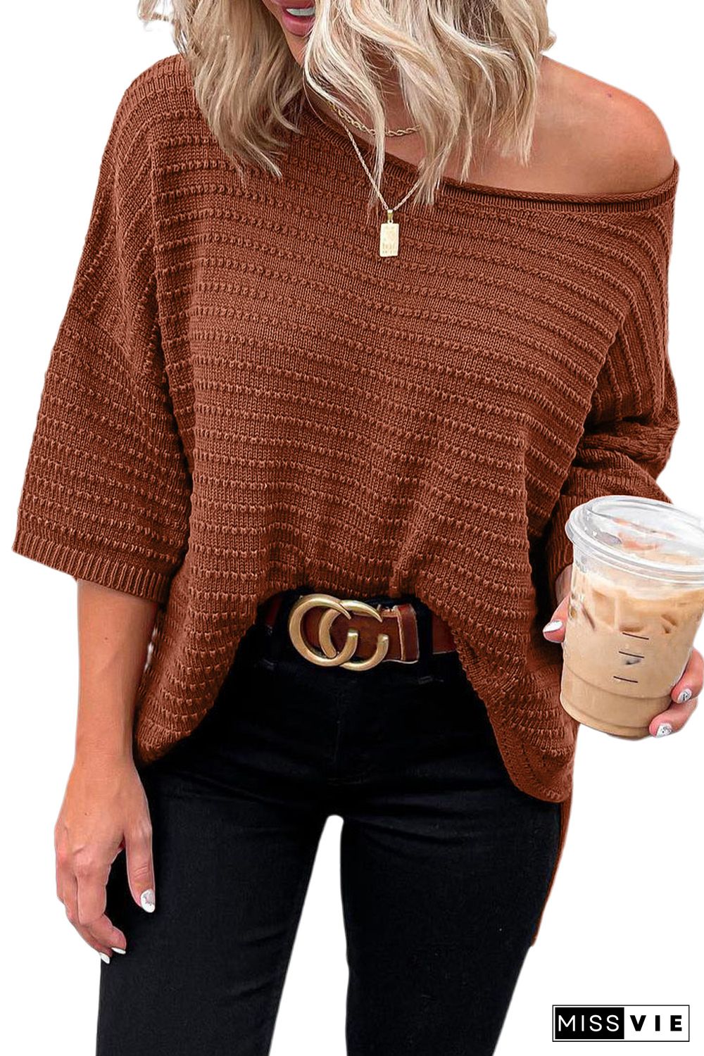 Brown Dotty Textured Knit Drop Shoulder Tee