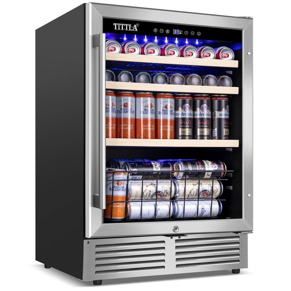 TITTLA 23.47 in. Single Zone 150-Cans Beverage Cooler in Silver Garage Ready Childproof Lock Reversible Door Hinge Blue LEDs KMBR150