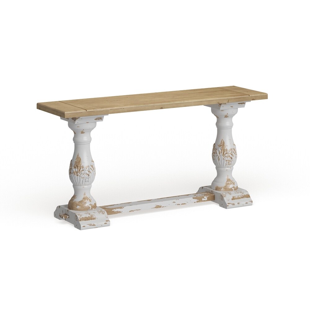 White Wood Distressed Console Table with Brown Wood Top   59 x 16 x 29