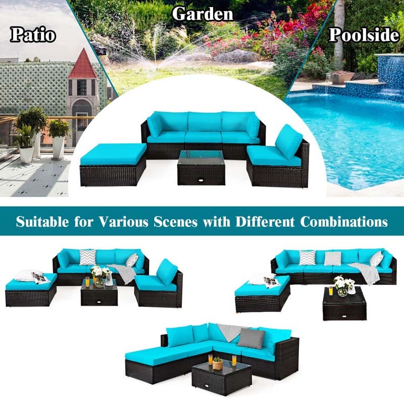 6 Pcs Outdoor Rattan Sectional Sofa Set with Coffee Table & Removable Seat & Back Cushions