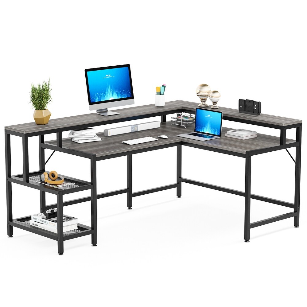 Reversible L Shaped Desk with Monitor Shoelf  Large Computer Desk for Office Home