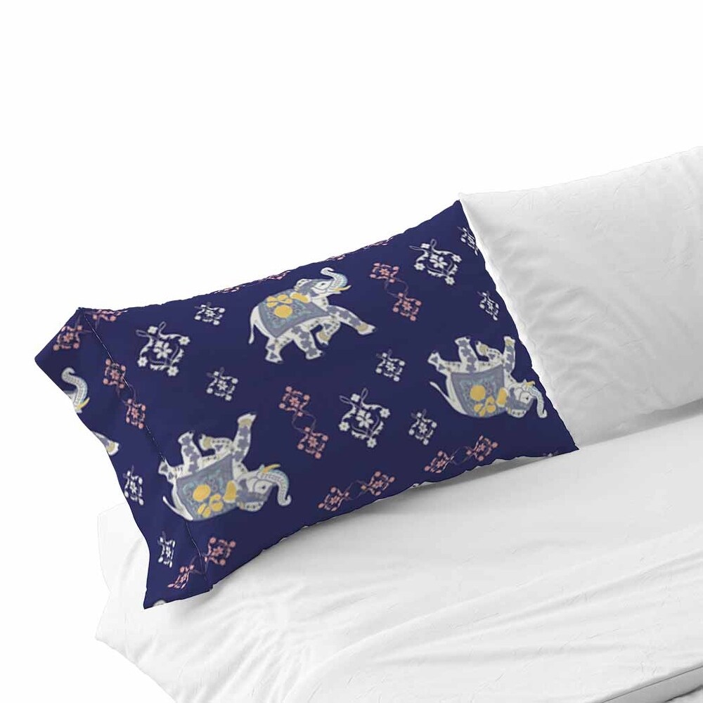 Mughal Elephant Pillow Case 30x20 in Indigo  Pink  White