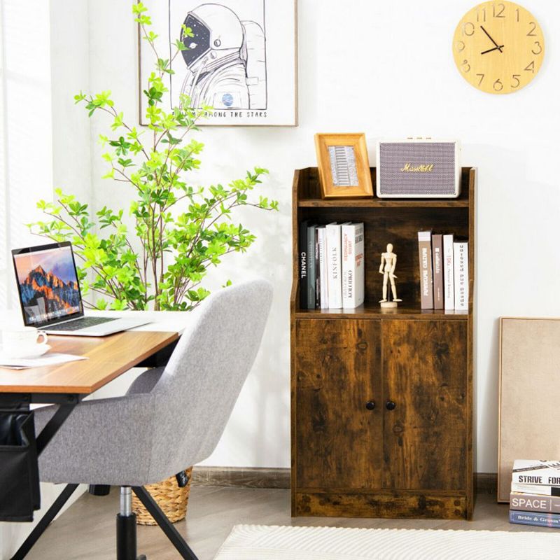 Hivago Storage Cabinet Bookcase with Doors and Display Shelf-Rustic Brown