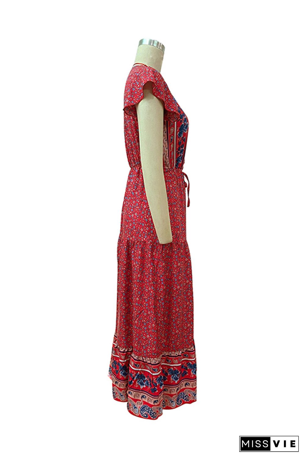 Red Floral V Neck Buttoned Bohemian Maxi Dress