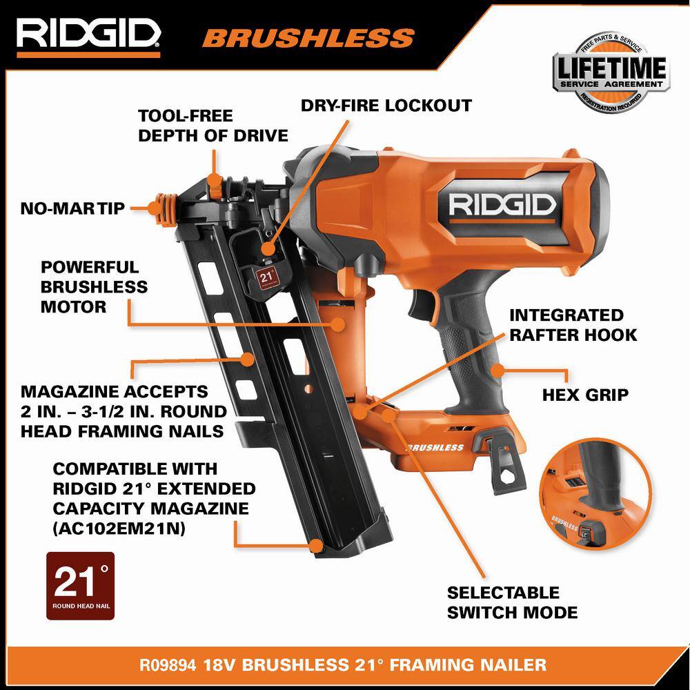 RIDGID 18V Lithium-Ion Brushless Cordless 21 3-12 in. Framing Nailer with 18V Lithium-Ion 4.0 Ah Battery R09894B-AC87004