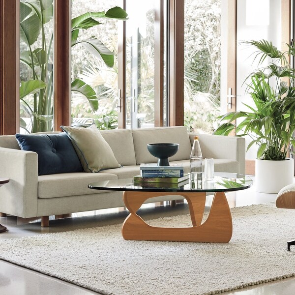 Noguchi Modern Triangle Glass Coffee Table Cherry Wood Base