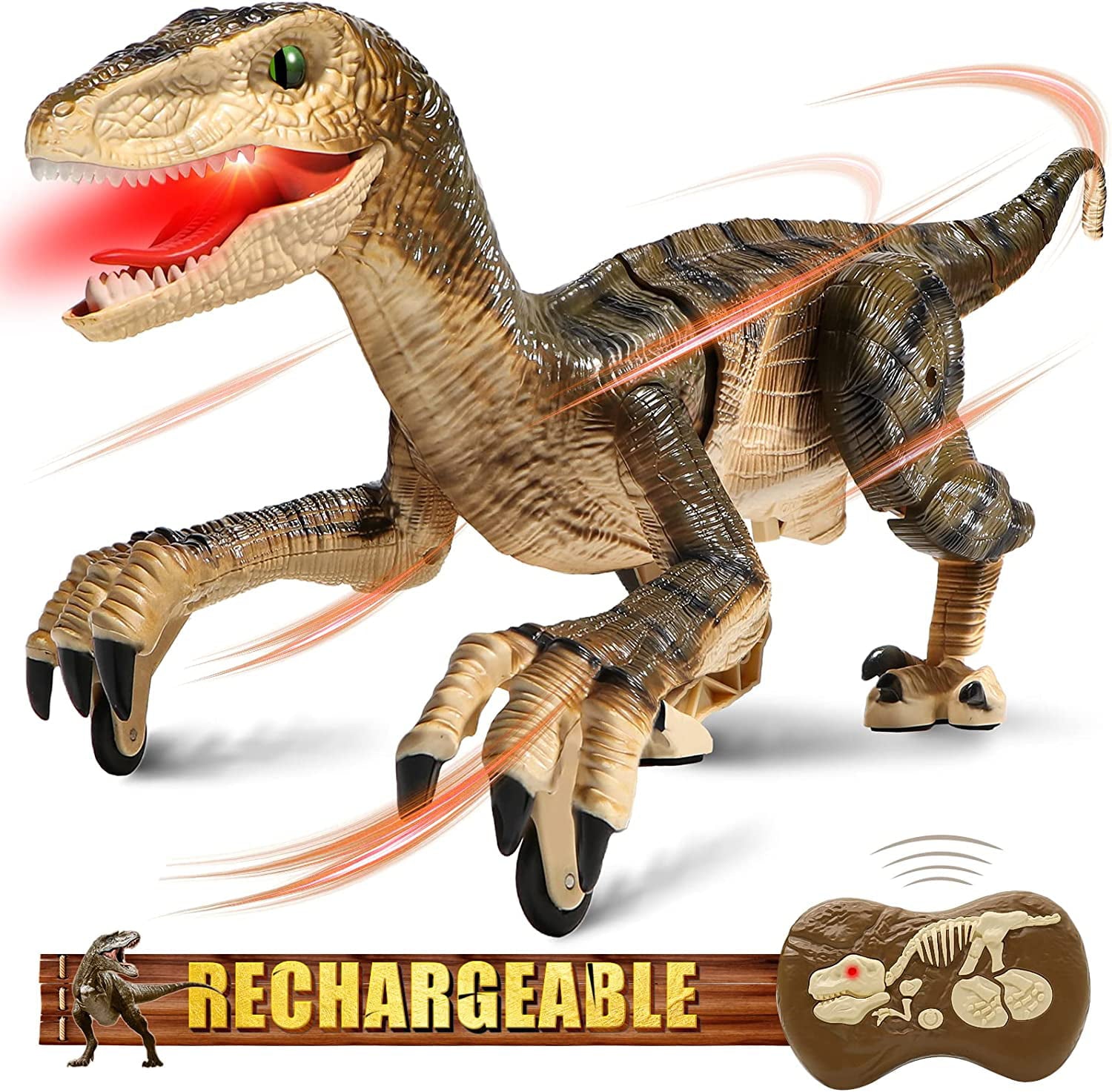 Hot Bee Remote Control Dinosaur Toys， Jurassic Roaring Sound Walking Velociraptor RC Toys for Kids 4+ Boys