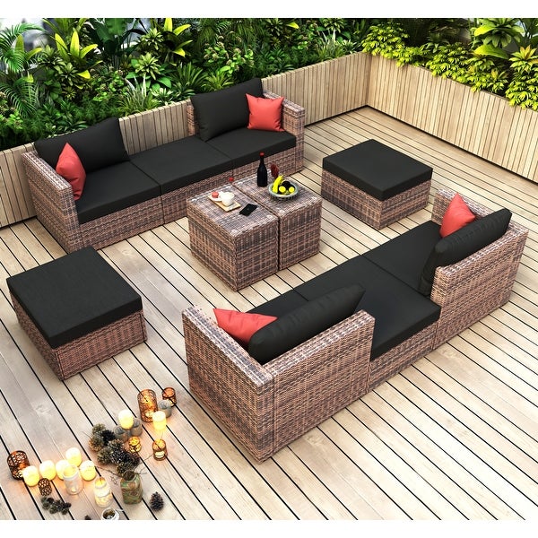 10 Pieces Outdoor Patio Garden Brown Wicker Sectional Sofa Conversation Set - Overstock - 37543688