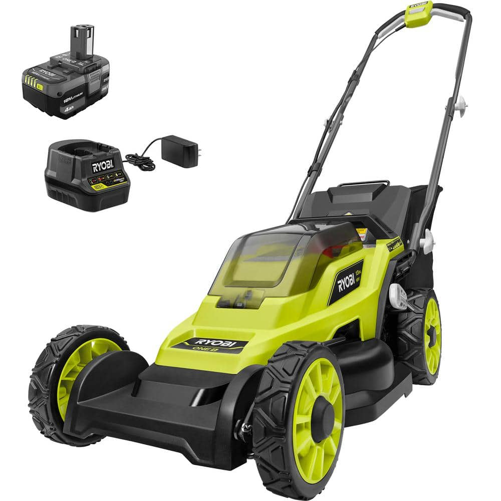 RYOBI ONE+ 18V 13 in. Cordless Battery Walk Behind Push Lawn Mower with 4.0 Ah Battery and Charger P1180