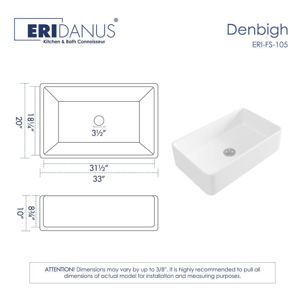 Eridanus Denbigh Crisp White Fireclay 33 in. Single Bowl Farmhouse Apron Kitchen Sink with Bottom Grid and Basket Strainer ERI-FS-105