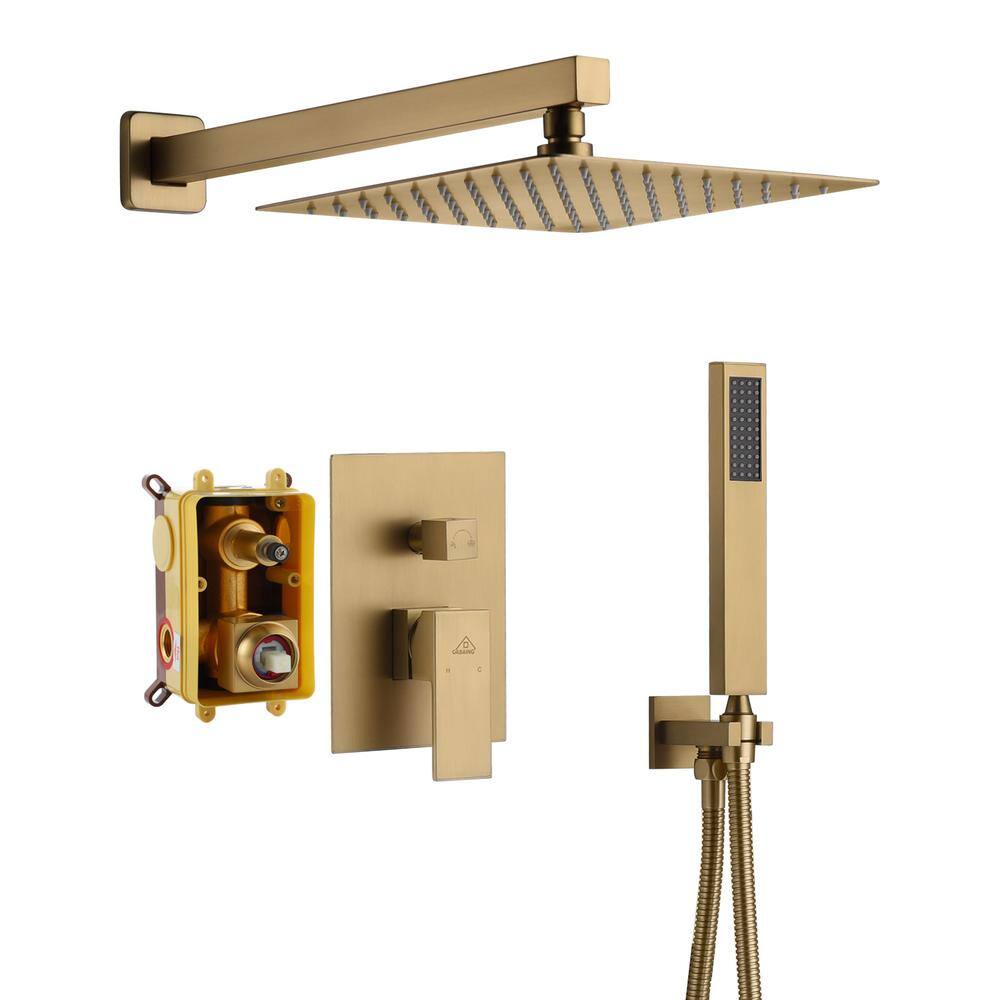 CASAINC 1-Spray Patterns with 10 in. Wall Mount Dual Shower Heads with Hand Shower Faucet in Brushed Gold (Valve Included) M6066-A-10-BG